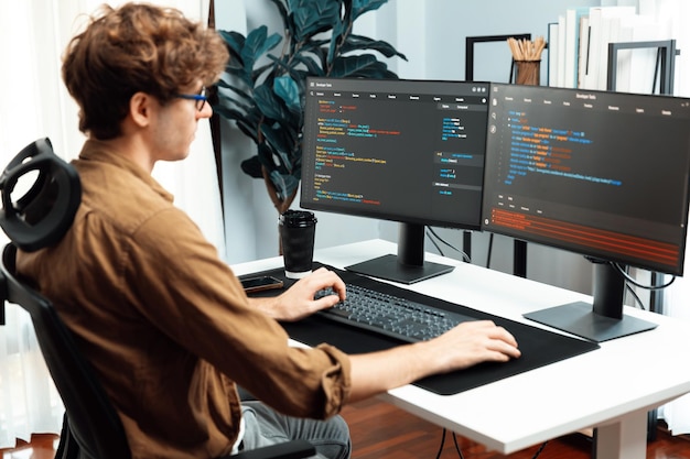 it developer with stressful overworked in creating online software code gusher