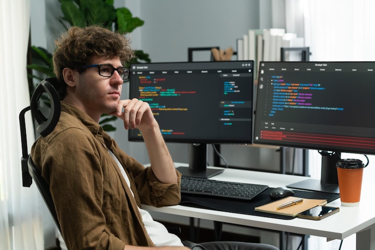 Foto it developer working online software development on pc monitors at modern home office on coding application screens creating updated latest program firmware information version concept gusher