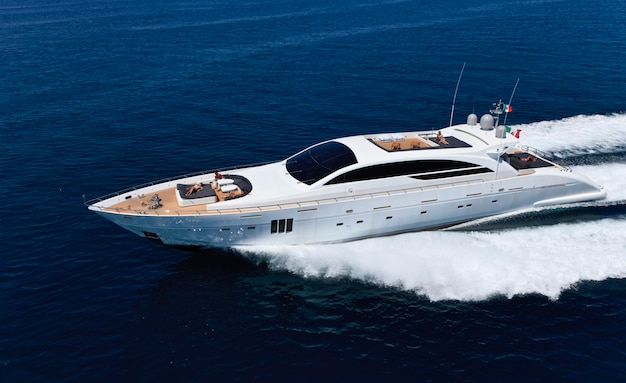 italy, tirrenian sea, off the coast of viareggio, tuscany, luxury yacht tecnomar 36 (36 meters), aerial view