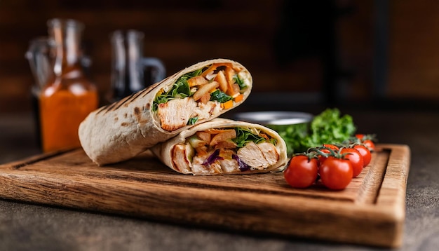 Juicy grilled chicken wrap with fresh veggies and tangy sauce Tasty fast food Delicious meal