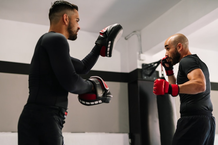 Foto kickboxing man training with his trainer with red boxing gloves kicking directly at the trainer's hands in a gym