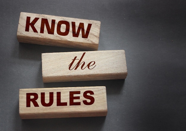 Know the rules word on wooden blocks isolated on dark grey background business process regulation concept