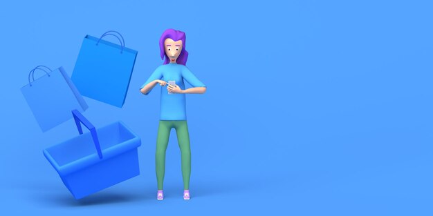 Kvinne handler på nett med smarttelefon. Kopiplass. 3D-illustrasjon. Tegneserie