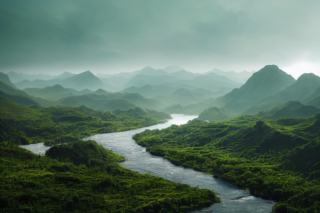 lake and green mountain with nice sky. a blue water lake into the mountains and hills. green jungle,