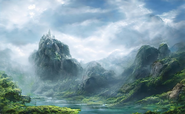lake in mountains streams and rivers flow down slopes of mountains and rocks into the valley spring in mountains an amazing magical landscape 3d illustration