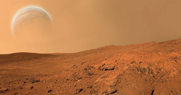 landscape on planet mars,scenic desert scene on the red planet.3d illustration.red planet. martian surface dust atmosphere.earth-like planet.earth-type planet.elements of this image furnished by nasa.