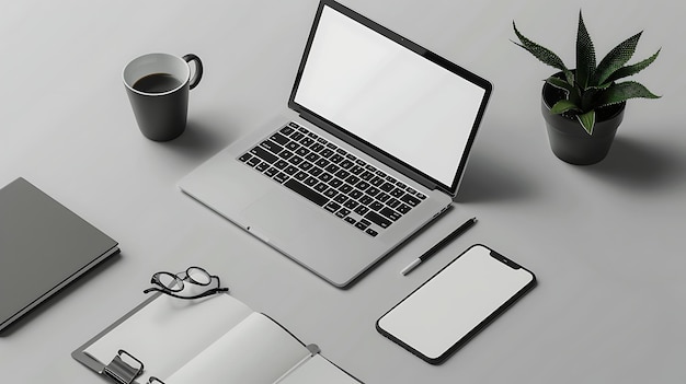 Laptop and smartphone mockup with coffee cup books glasses pen and plant on white table Workspace concept 3d rendering