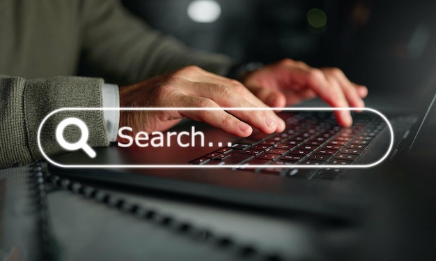 Laptop overlay or hands typing to search web design on internet business website or online in office Zoom email or employee research digital marketing SEO ai information or iot for big data