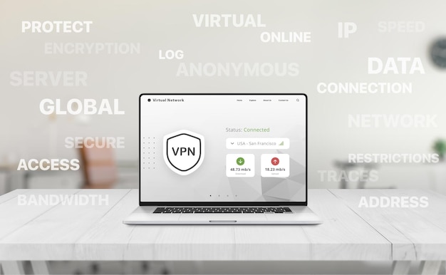 Laptop with VPN dashboard on screen surrounded by floating keywords like encryption IP anonymous server and secure data in office setup