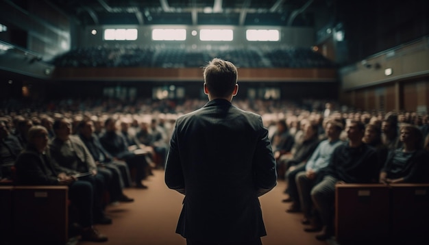 Large group of people sitting in auditorium watching presentation generated by AI