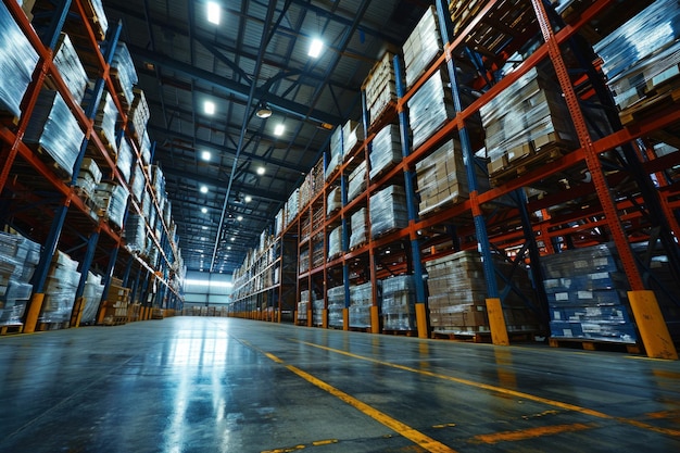 Large warehouse with rows of shelves and racks Industrial and industrial background