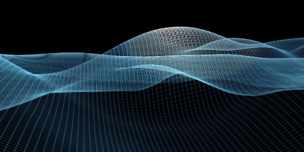 Lattice structure curve Blue lines on black background Geometric technology concept Focal distance in light-emitting point, 3D illustration