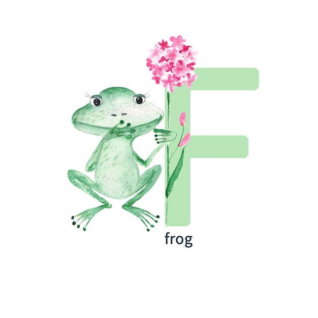 Letter F frog cute kids colorful animals ABC alphabet Watercolor illustration isolated on white background