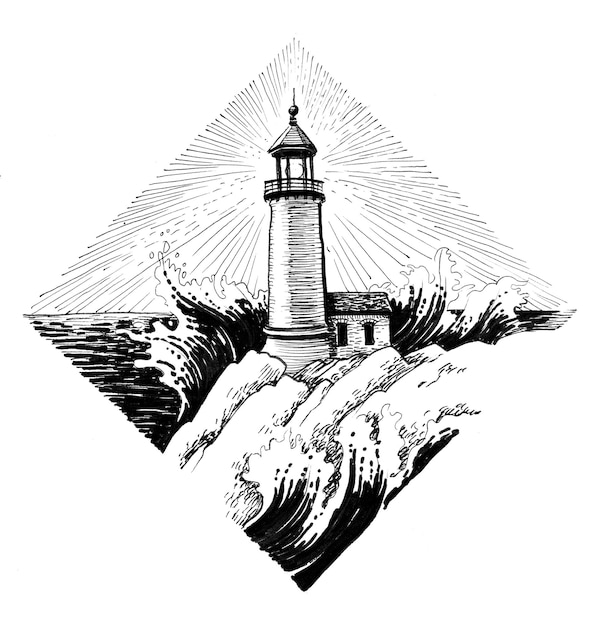Lighthouse at the seaside. Ink black and white drawing
