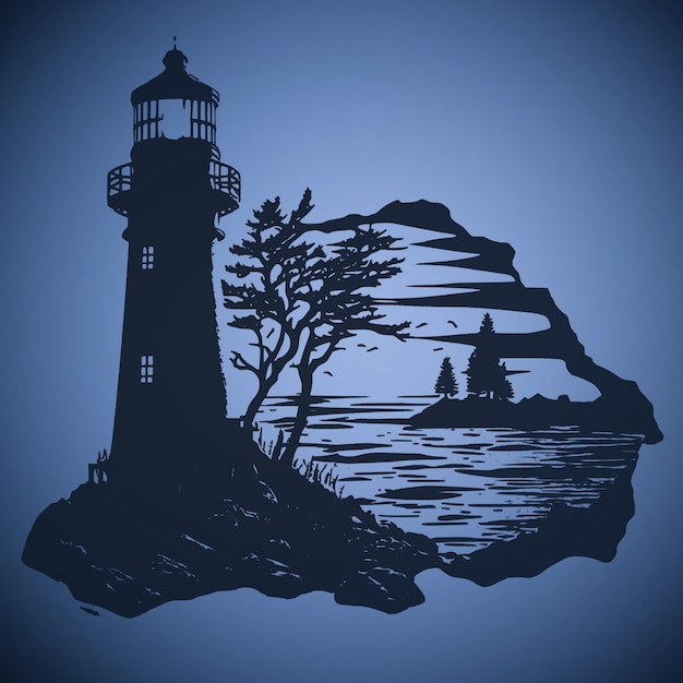 Lighthouse banner background on rocky shore Abstract background template of twilight seashore