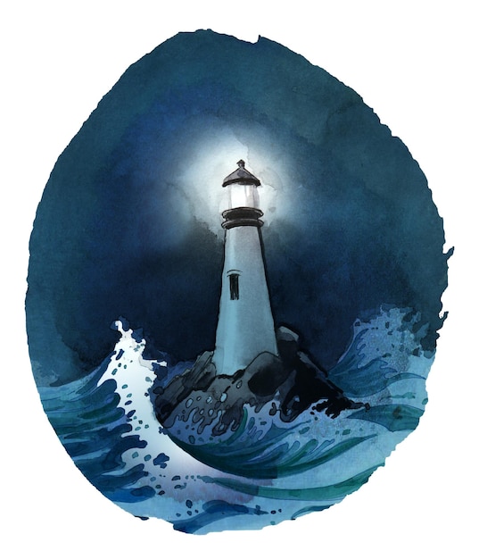 Lighthouse in the stormy sea Handdrawn ink and watercolor sketch