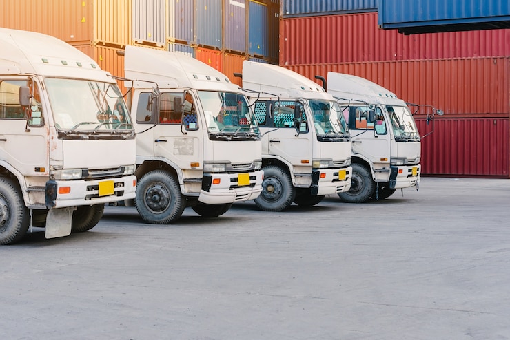 Foto line of cargo truck with container box 