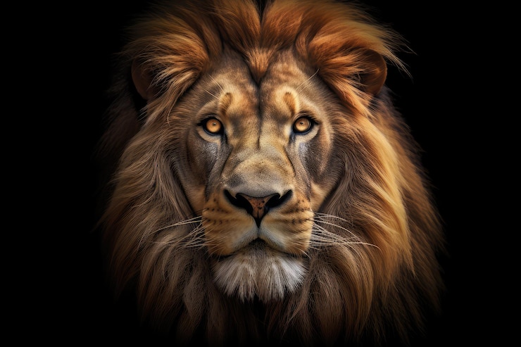 Lion front view black background hyperrealistic photography ai generated