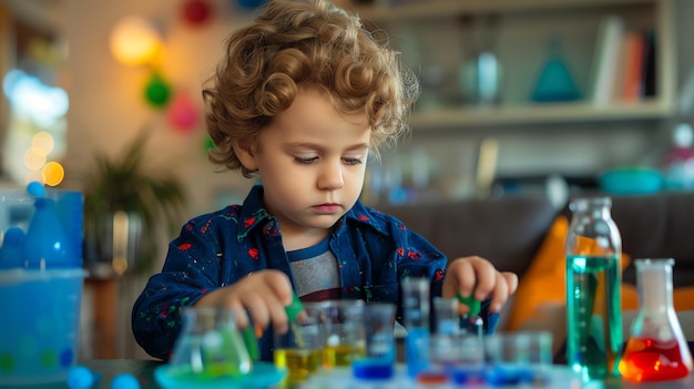 Little boy is having fun with science experiments at home He is wearing a blue shirt and has curly blond hair He is looking at a beaker of liquid