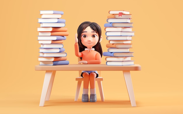 Little girl study hard learning at desk 3d rendering