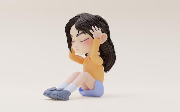 Little girl with depression mood 3d rendering