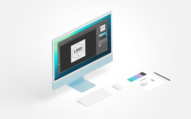 logo creation process on computer display alongside paper sketch and pen in isometric view