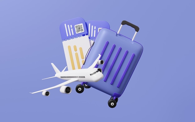 Luggage with coupon airline boarding pass leisure touring holiday summer vacation concept air ticket floating on purple pastel background Travel tourism plane trip planning world tour 3d render