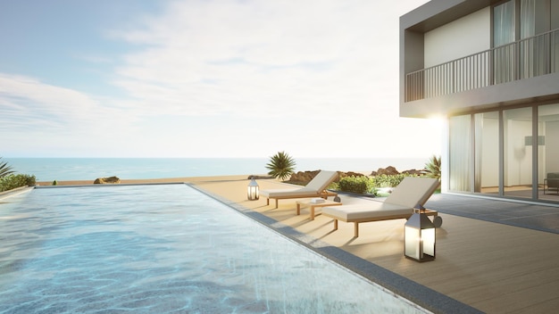 luxury beach house with sea view swimming pool and terrace in modern design.