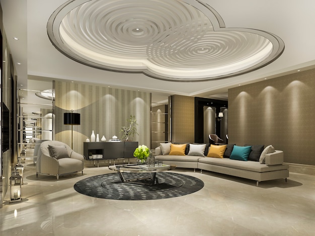 luxury classic wall in living room with sofa and chandelier