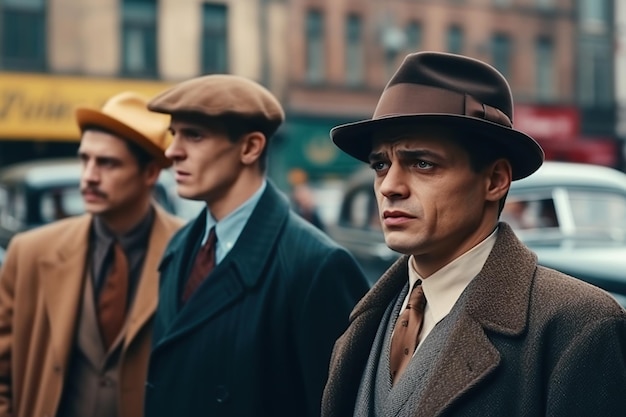 mafia people in suits with cars ai retro vintage gangsters