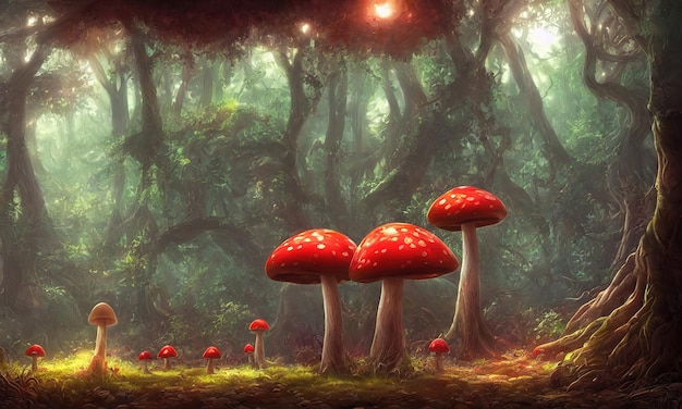 Magic mushrooms fly agaric in the forest a fabulous thicket of the forest Glowing mushrooms fantasy moss 3d illustration