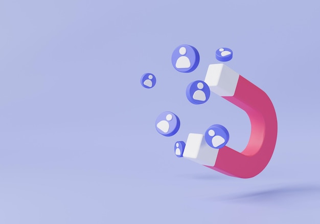Magnet attracting people Digital social marketing Customer attraction with magnet attracting followers business strategy subscriber counting Business concept 3d minimal render illustration