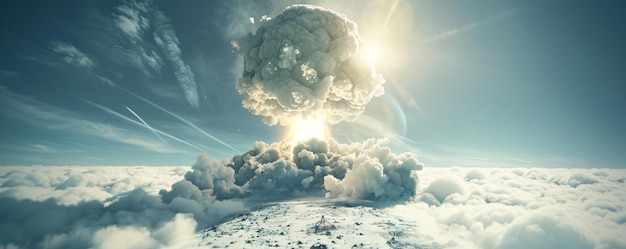 Majestic cloud formation towering over a snowcovered mountain range offers a panoramic view