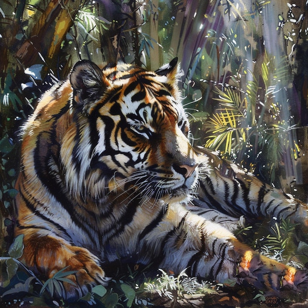 Majestic tiger resting in dappled sunlight