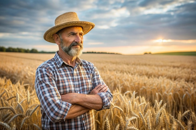 Male farmer standing wearing hat with folded arms in wheat field