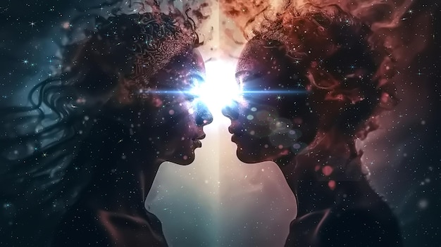 man and woman silhouette on front starry sky cosmic nebula universe background concept