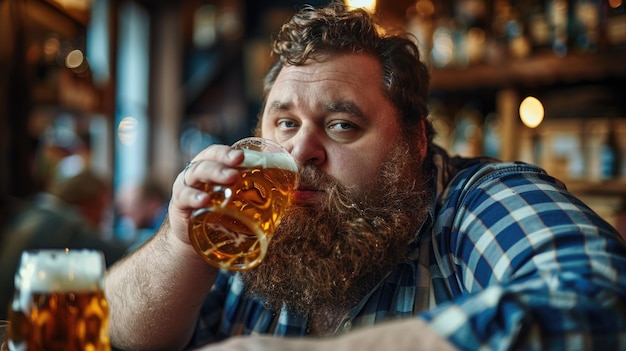 man enjoying beer in a cozy pub with warm lighting and rustic decor