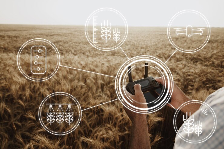 Foto man farmer standing in wheat field and controlling drone technologies in agriculture concept