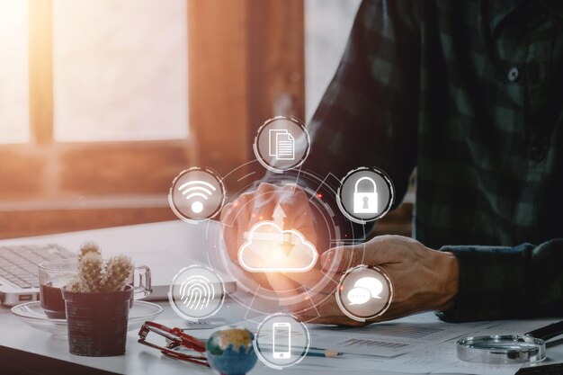 Man hand using smart phone with cloud computing icon Cloud computing concept Backup Storage Data Internet networking and digital Share global technology
