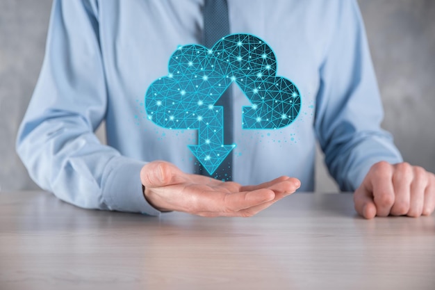 man hold cloud icon technology. polygonal wireframe cloud storage sign with two arrows up and down. cloud computing, big data center, future infrastructure, digital ai concept. virtual hosting symbol