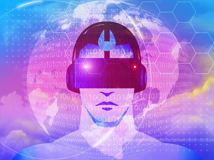 Foto man in virtual reality goggles against a futuristic cloudscape background