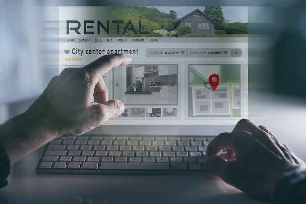 Man reading rental home ads online booking vacation in house for rent travel business concept