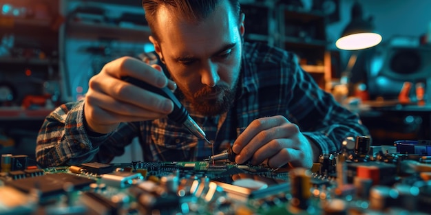 Man repairing computer motherboard