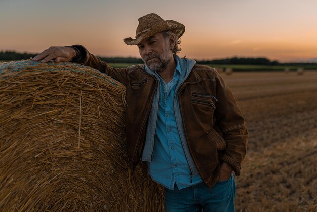 Man standing on hay bales on field against sky during sunset