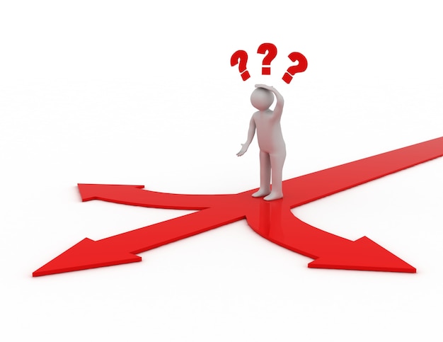 man thinking and confusing with three red arrows showing three different directions.