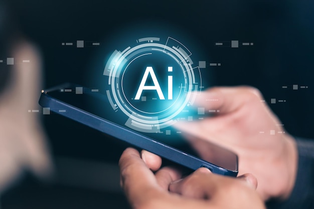 man using smartphone with ai connection network data business information development technology digital future software innovation internet communication application transformation