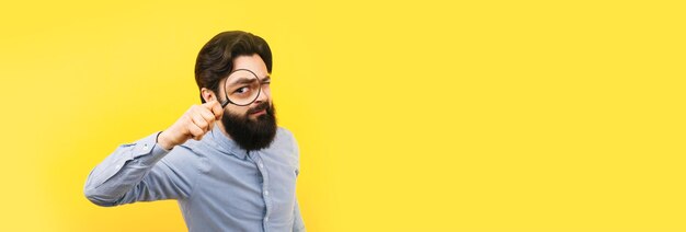 Man with magnifier panoramic mockup