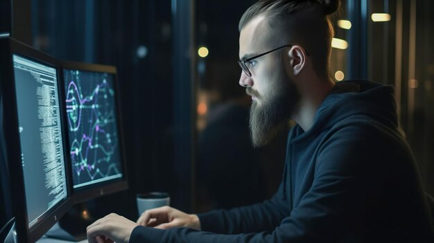 man working at the computer at night generative ai