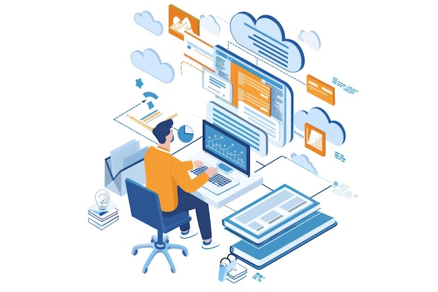Man working on computer with cloud computing elements and data visualization in the background