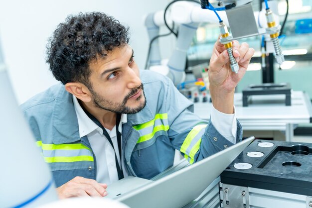 manufacturing industry technology and science concept professional male technician engineer checking and maintenance electric robotic machine arm system with computer software in factory laboratory